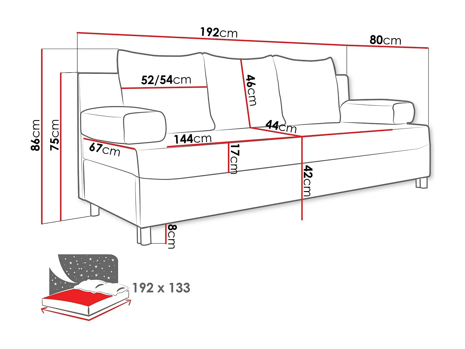 Sofá-cama Comfivo 125, Almacenaje, 86x192x80cm