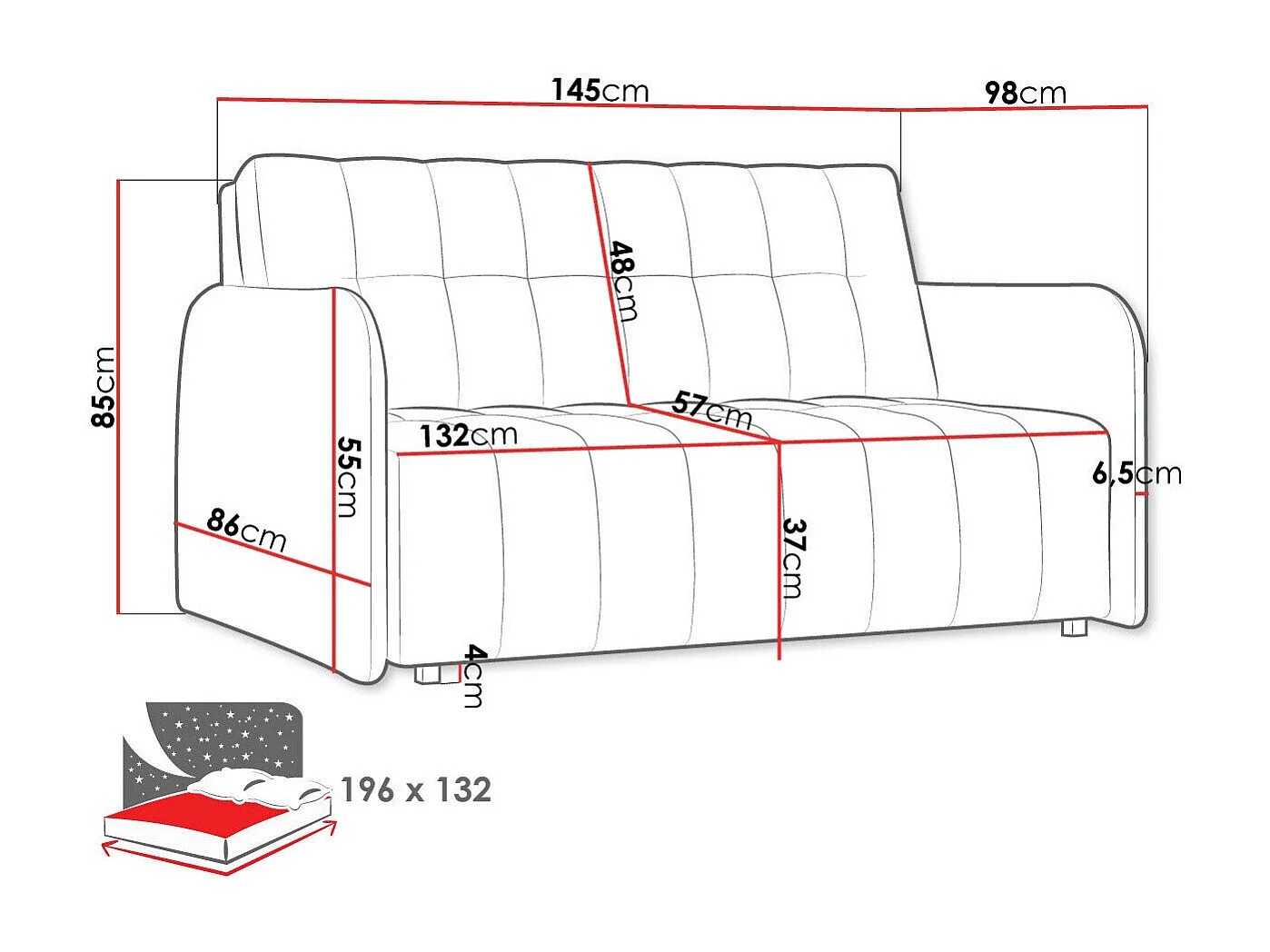 Canapé convertible Columbus 178, Disponible, 85x145x98cm, Mobilier déjà assemblé