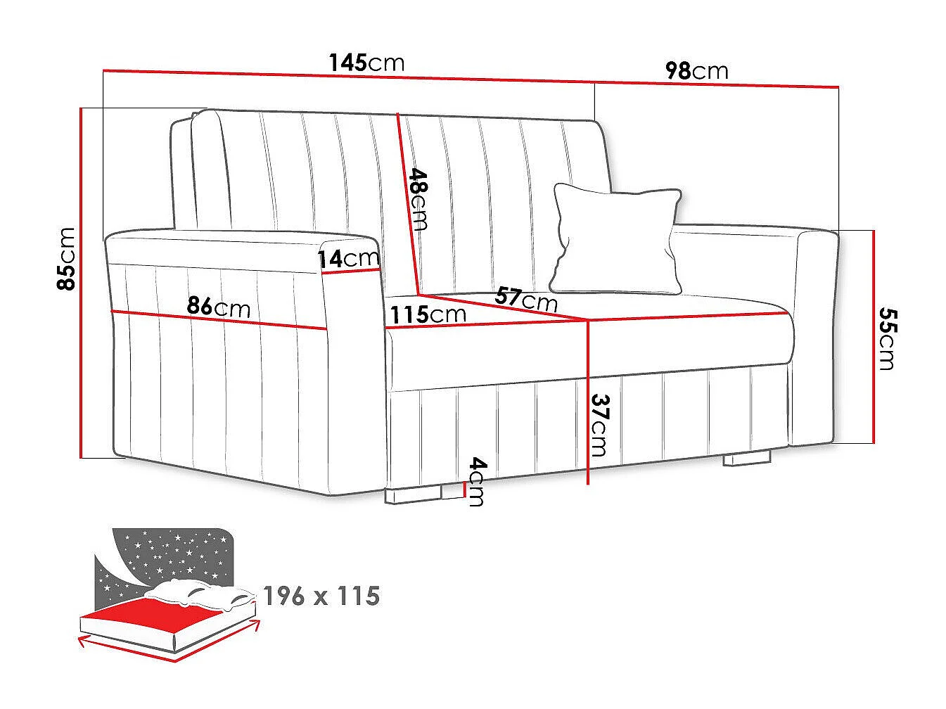 Sofá cama Orinen II, Almacenaje, 85x145x98cm, Muebles ya montados
