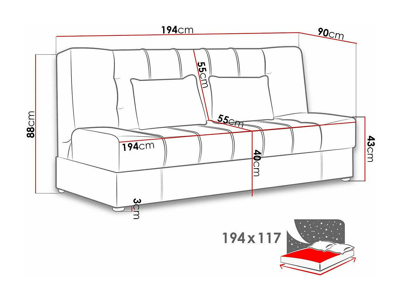 Sofá-cama Columbus 120, Almacenaje, 88x194x90cm
