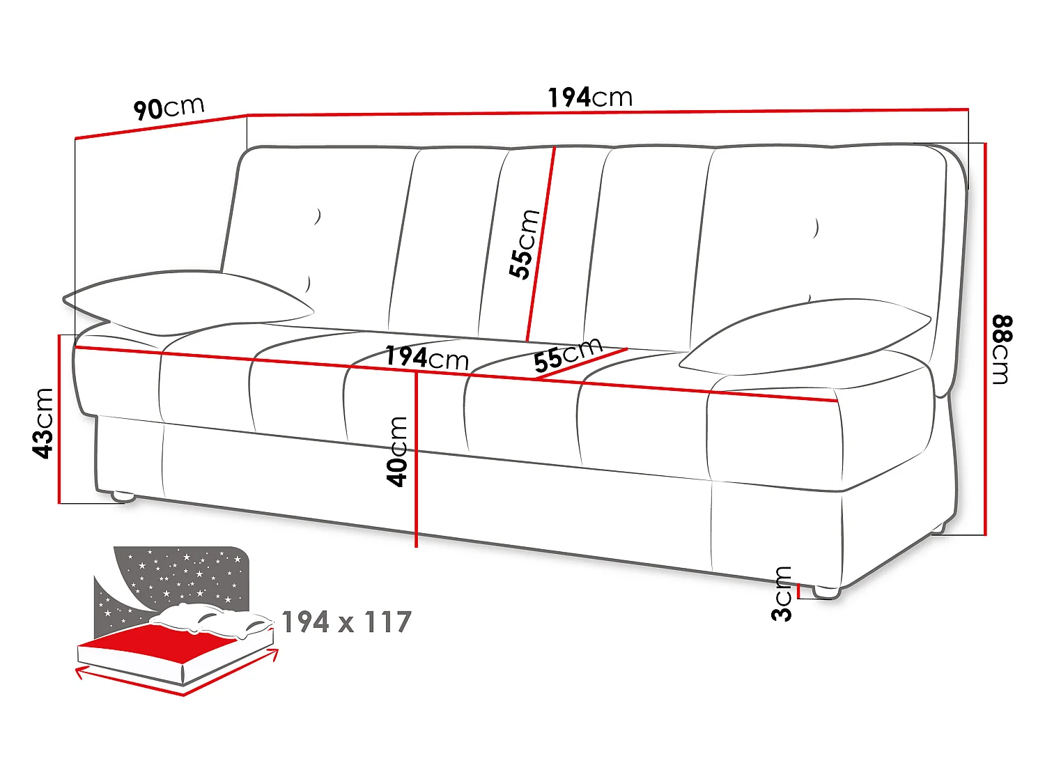 Canapé convertible 3 places en tissu marron 88x194x90 cm COLUMBUS