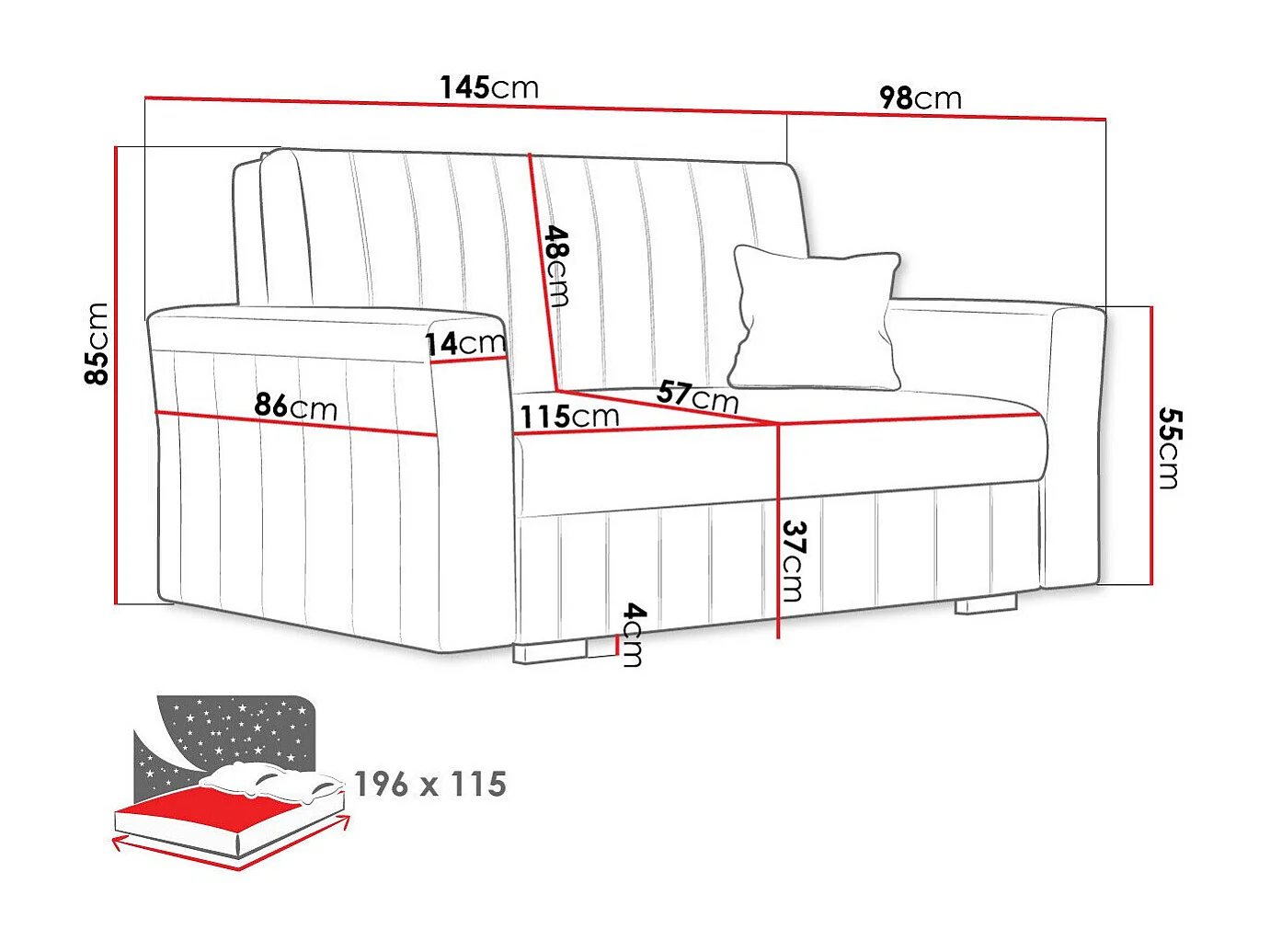 Sofá cama Columbus 136, Cama com arrumação, 9x15x10cm