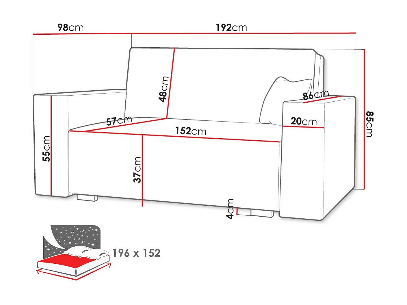 Canapé convertible Columbus 197, Disponible, 85x192x98cm, Mobilier déjà assemblé