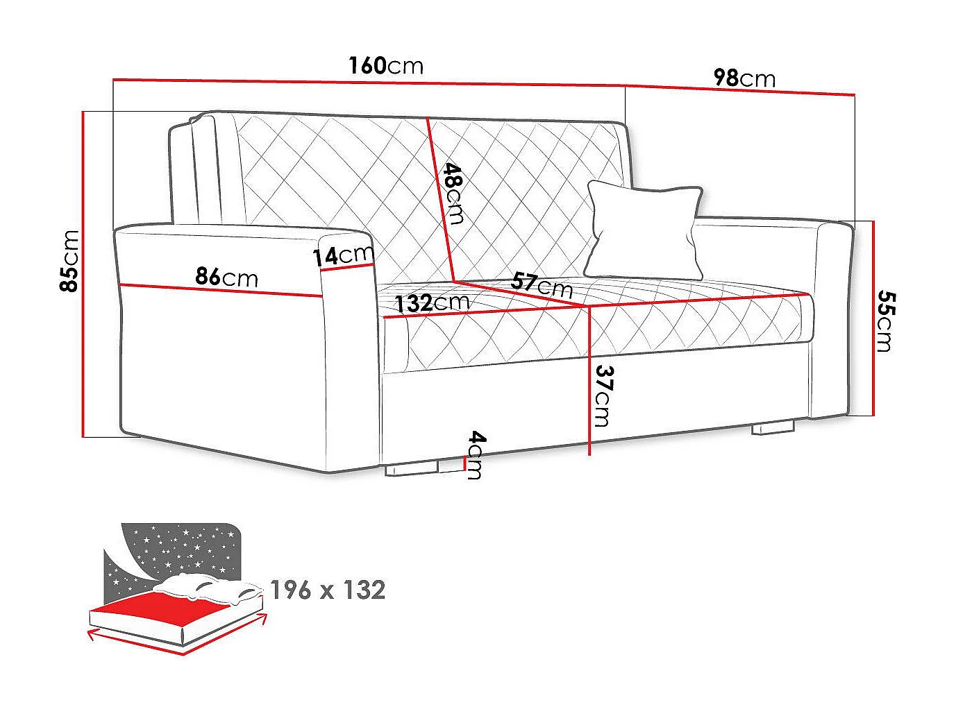 Canapé convertible Columbus 147, Disponible, 85x160x98cm, Mobilier déjà assemblé