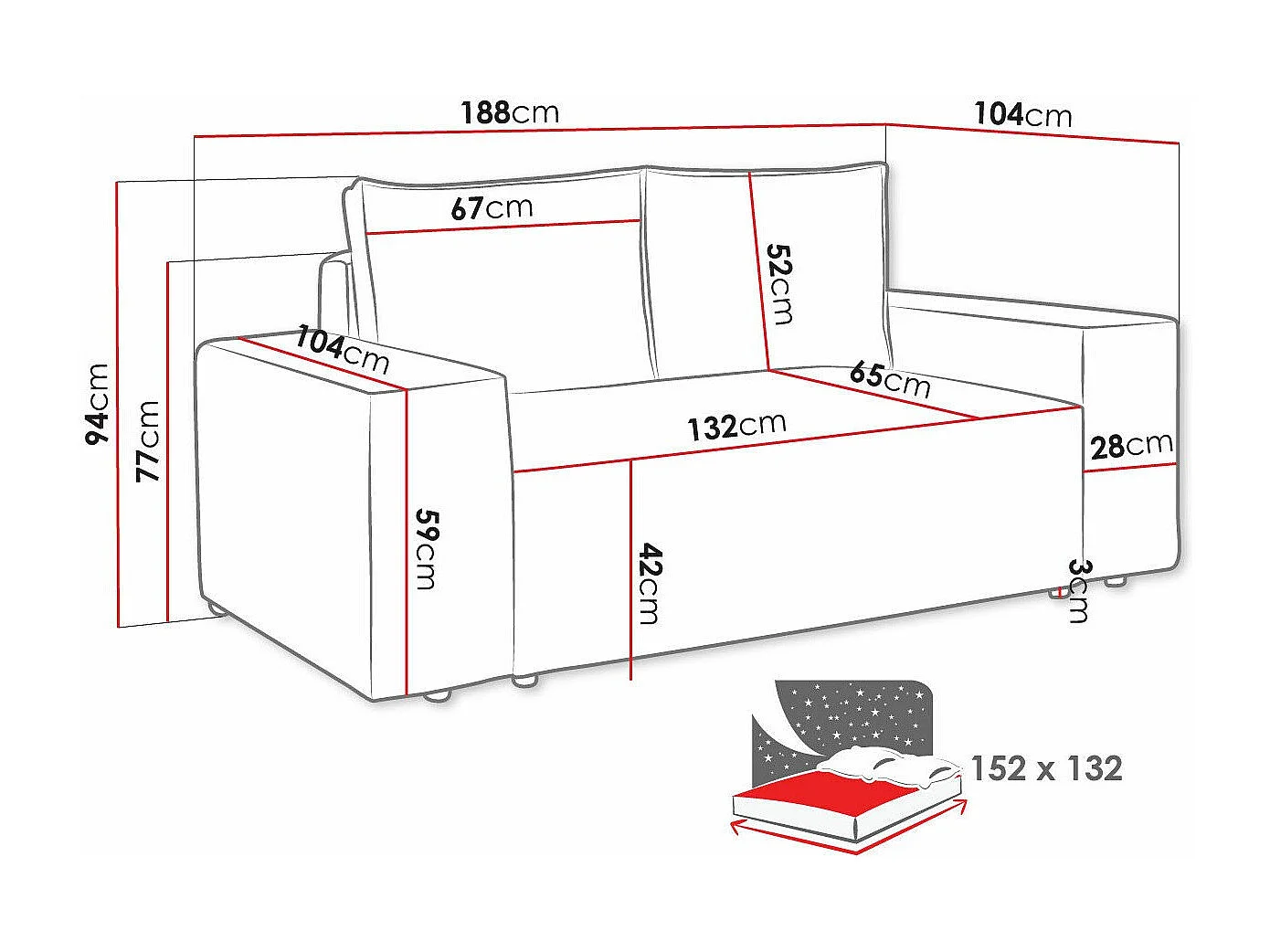 Canapé convertible Clovis 107, Boîte de literie, 94x188x104cm