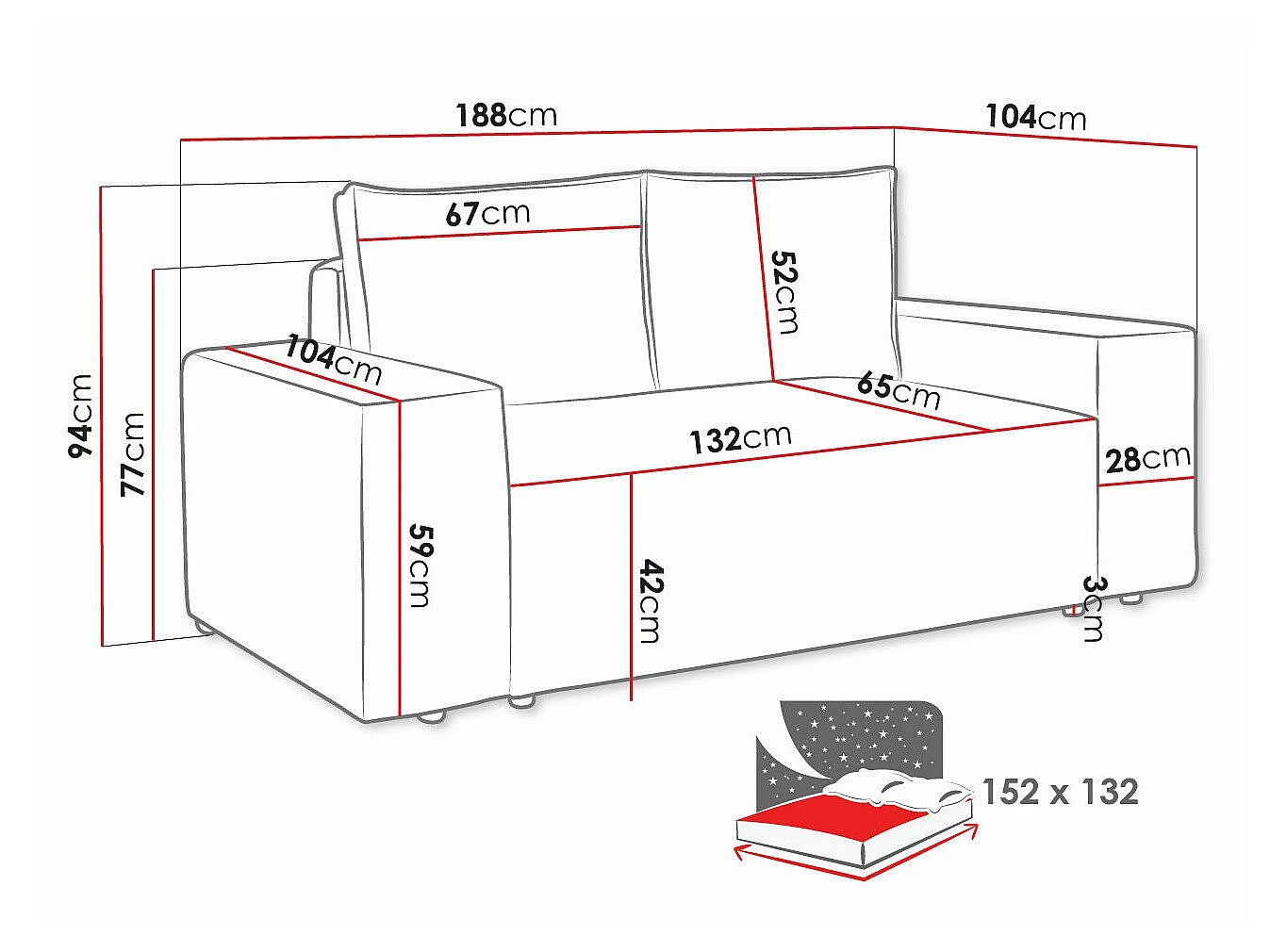 Canapé convertible 2 places en tissu bleu CLOVIS 94x188x104 cm