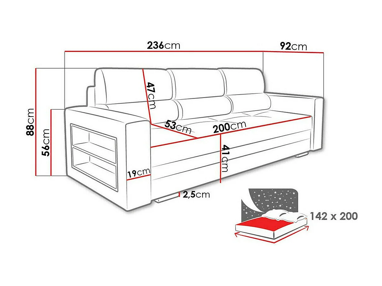 Sofá-cama Decatur 100, Almacenaje, 88x236x92cm