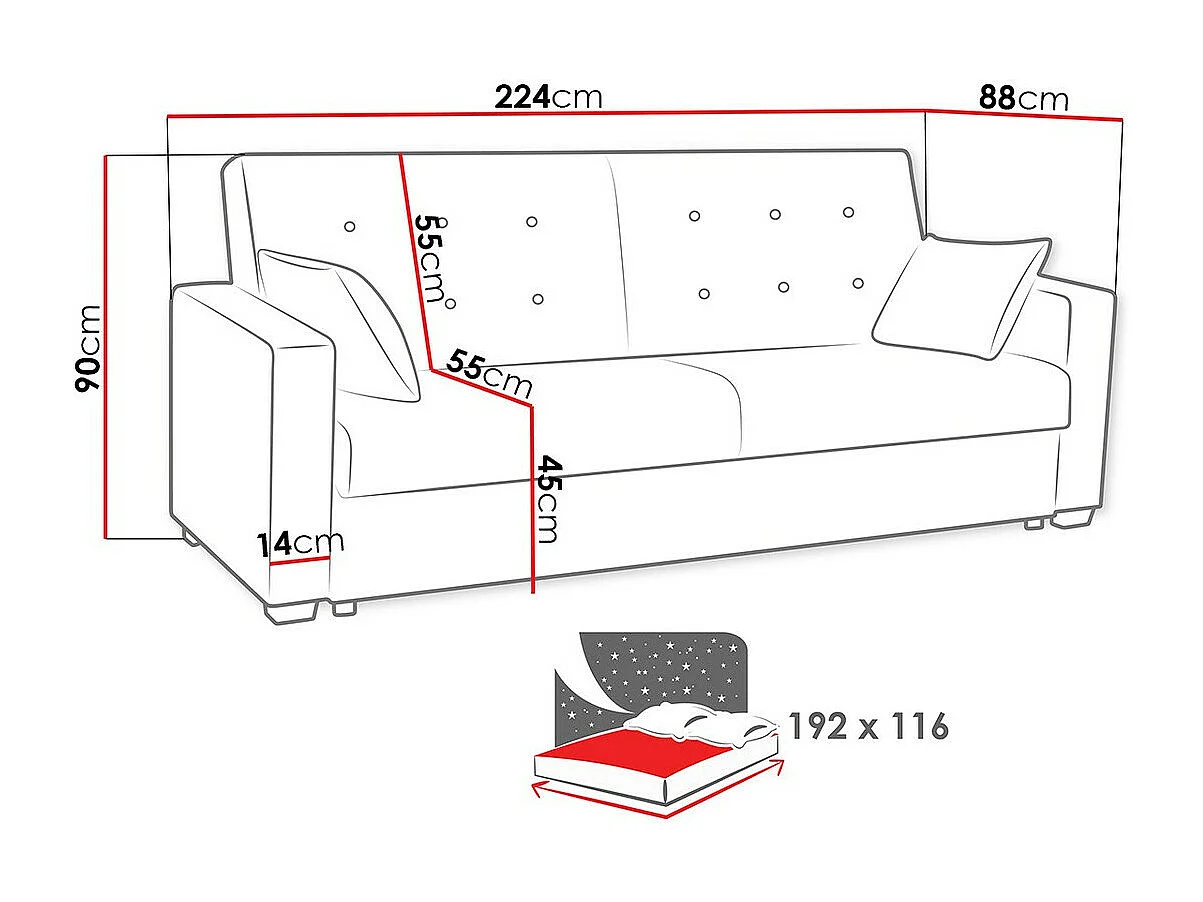 Canapé convertible Kingsport 110, Boîte de literie, 90x224x88cm