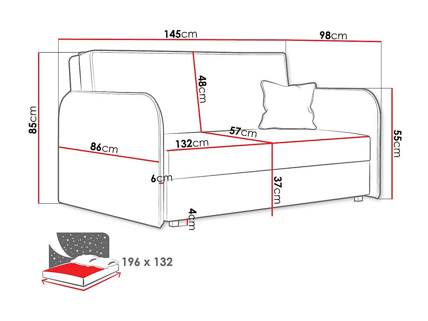 Sofá cama Columbus 123, Cama com arrumação, 9x15x10cm
