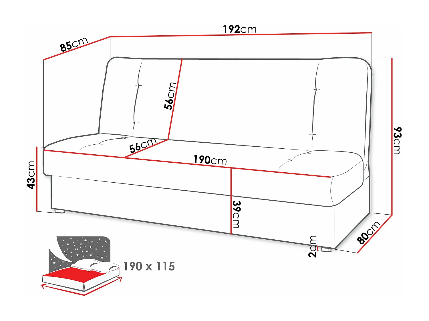 Sofá cama Rome 102, Cama com arrumação, 9x19x9cm