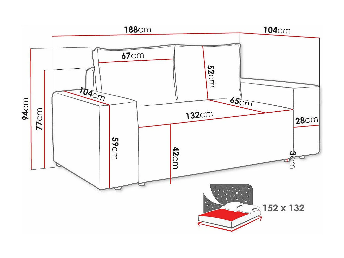Canapé convertible Clovis 107, Disponible, 94x188x104cm
