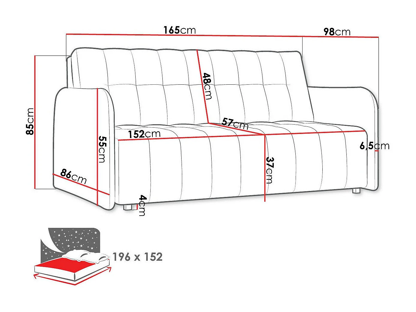 Canapé convertible Aquarin IV, Disponible, 85x165x98cm, Mobilier déjà assemblé