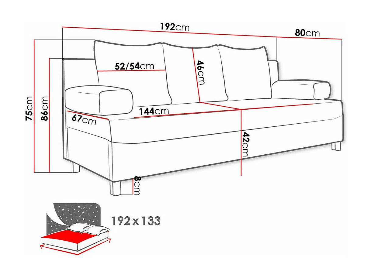 Sofá-cama Comfivo 125, Almacenaje, 86x192x80cm