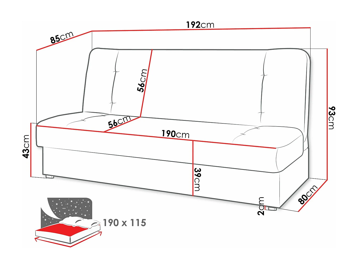 Sofá-cama Rome 102, Cama com arrumação, 9x19x9cm