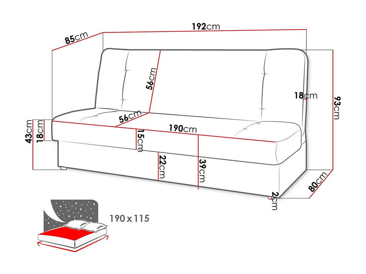 Sofá-cama Rome 102, Cama com arrumação, 9x19x9cm