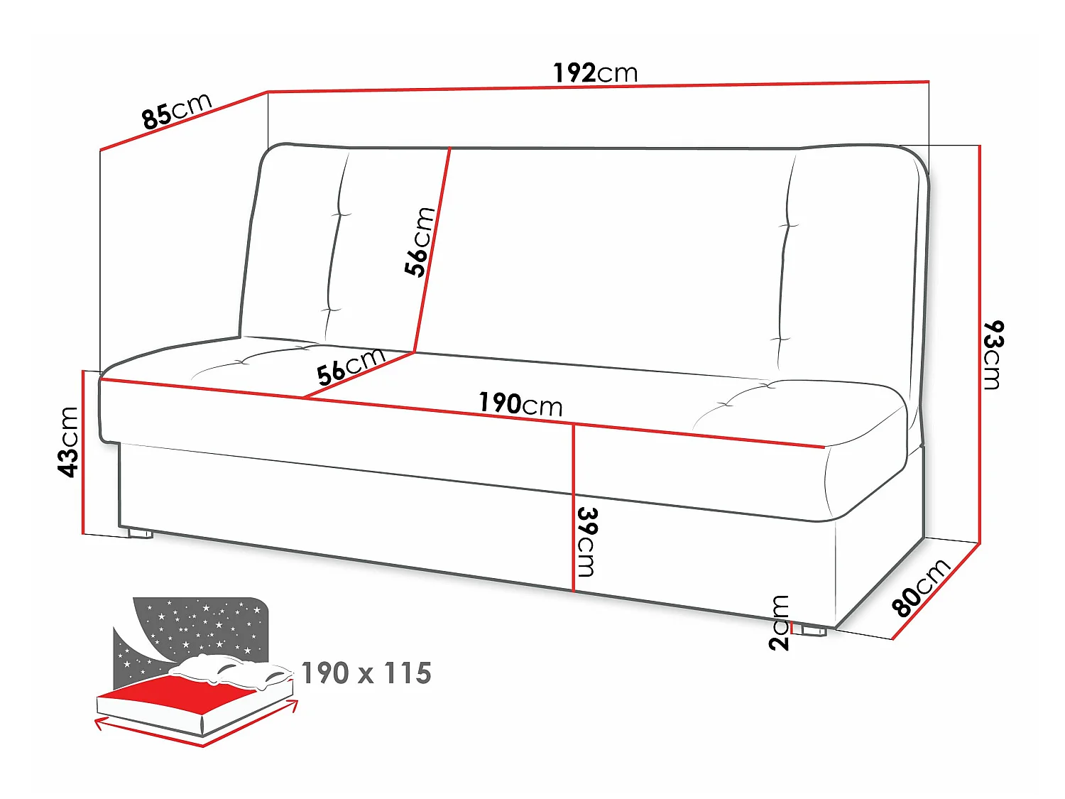 Canapé convertible clic-clac 3 places en tissu gris ROME 93x192x85 cm