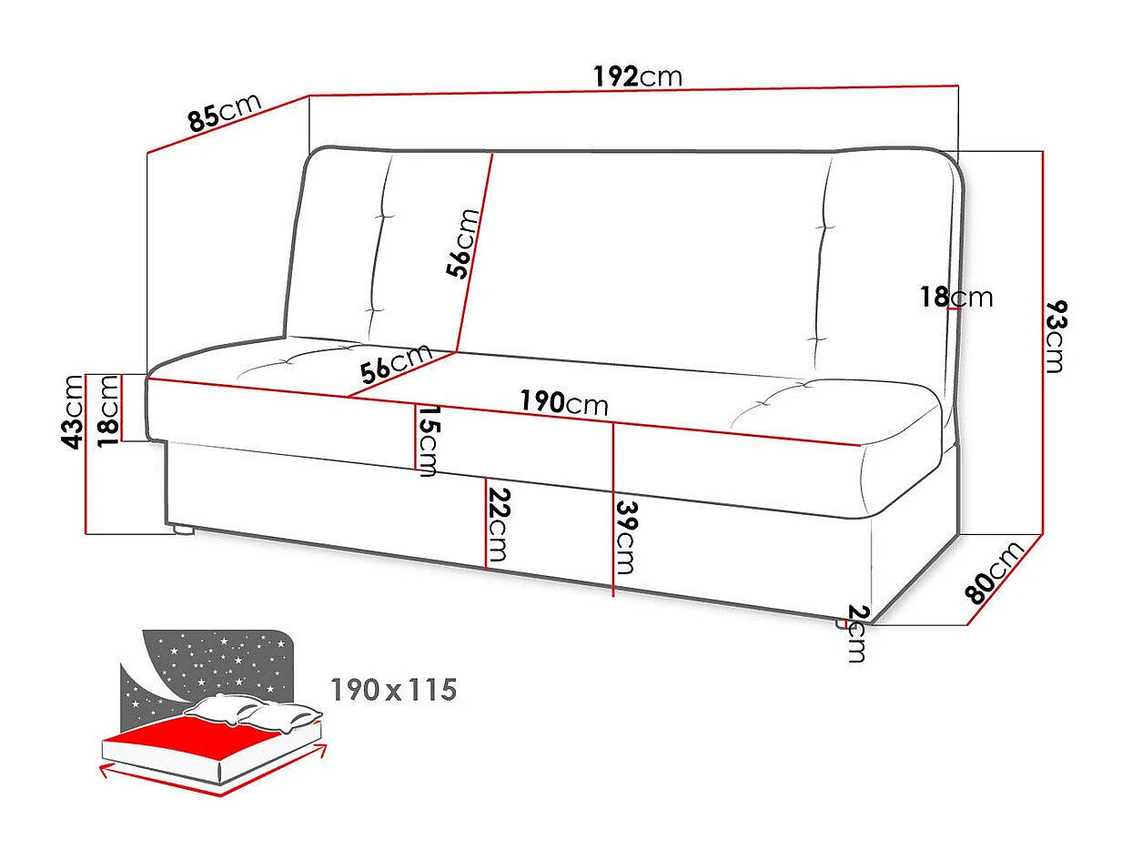 Canapé convertible clic-clac 3 places en tissu gris ROME 93x192x85 cm