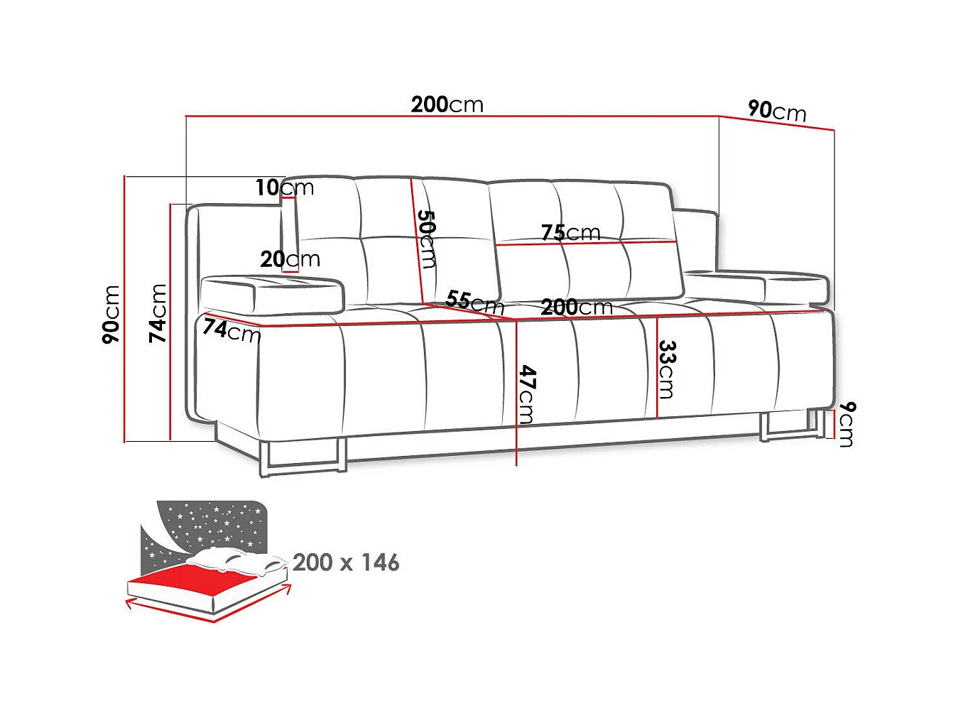 Sofá-cama Columbus 151, Almacenaje, 90x200x90cm, Muebles ya montados