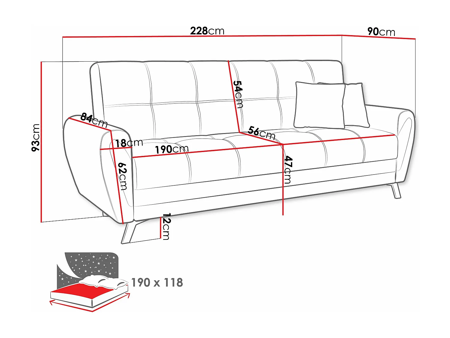 Canapé convertible Columbus 156, Disponible, 93x228x90cm