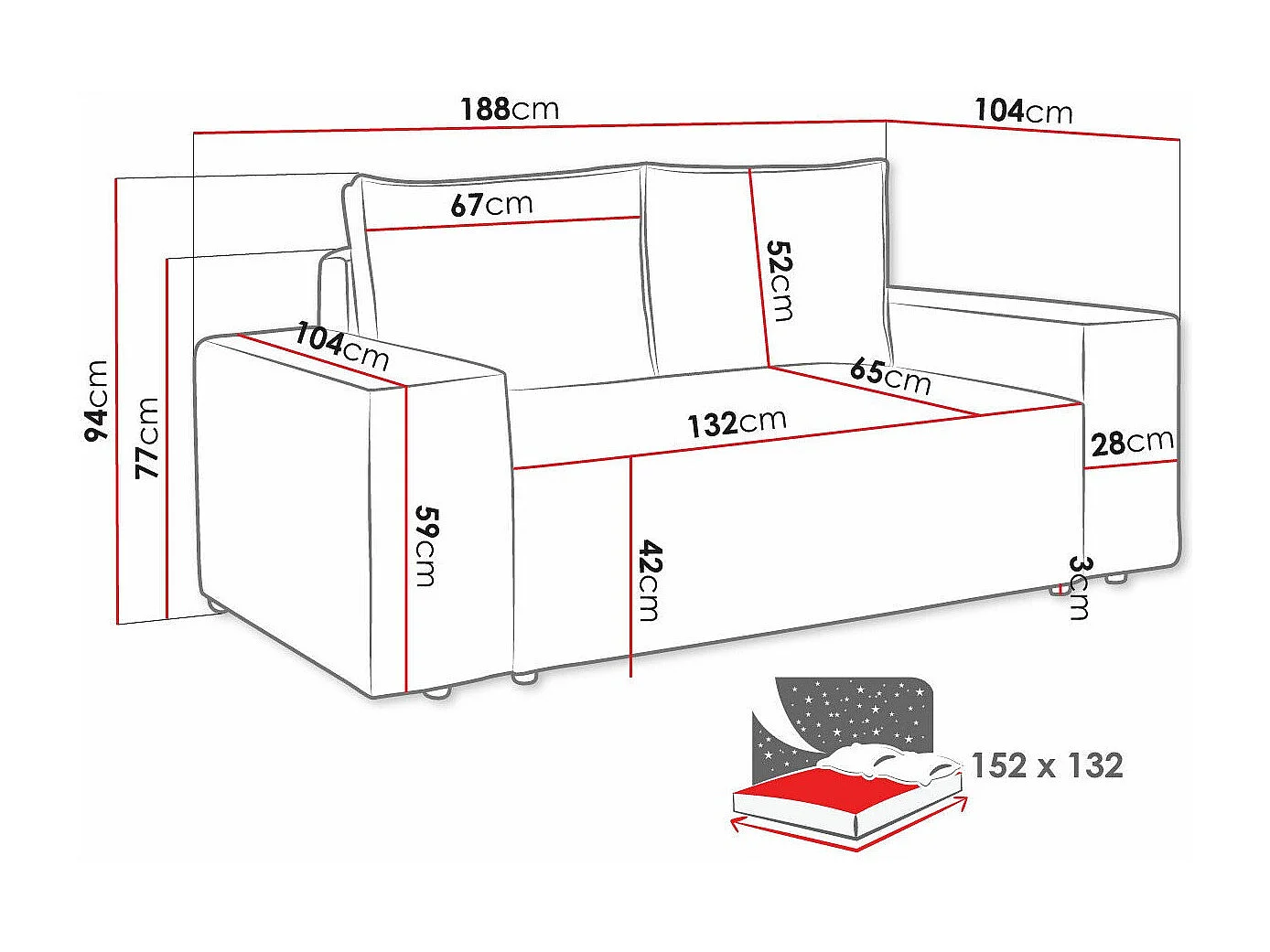 Canapé convertible Clovis 107, Disponible, 94x188x104cm