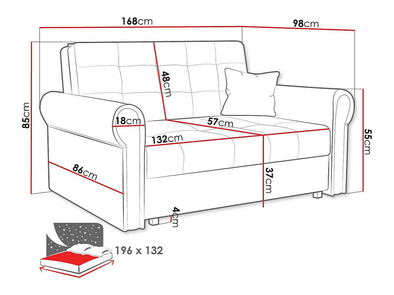 Canapé convertible 2 places en tissu rouge COLUMBUS 85x168x98 cm