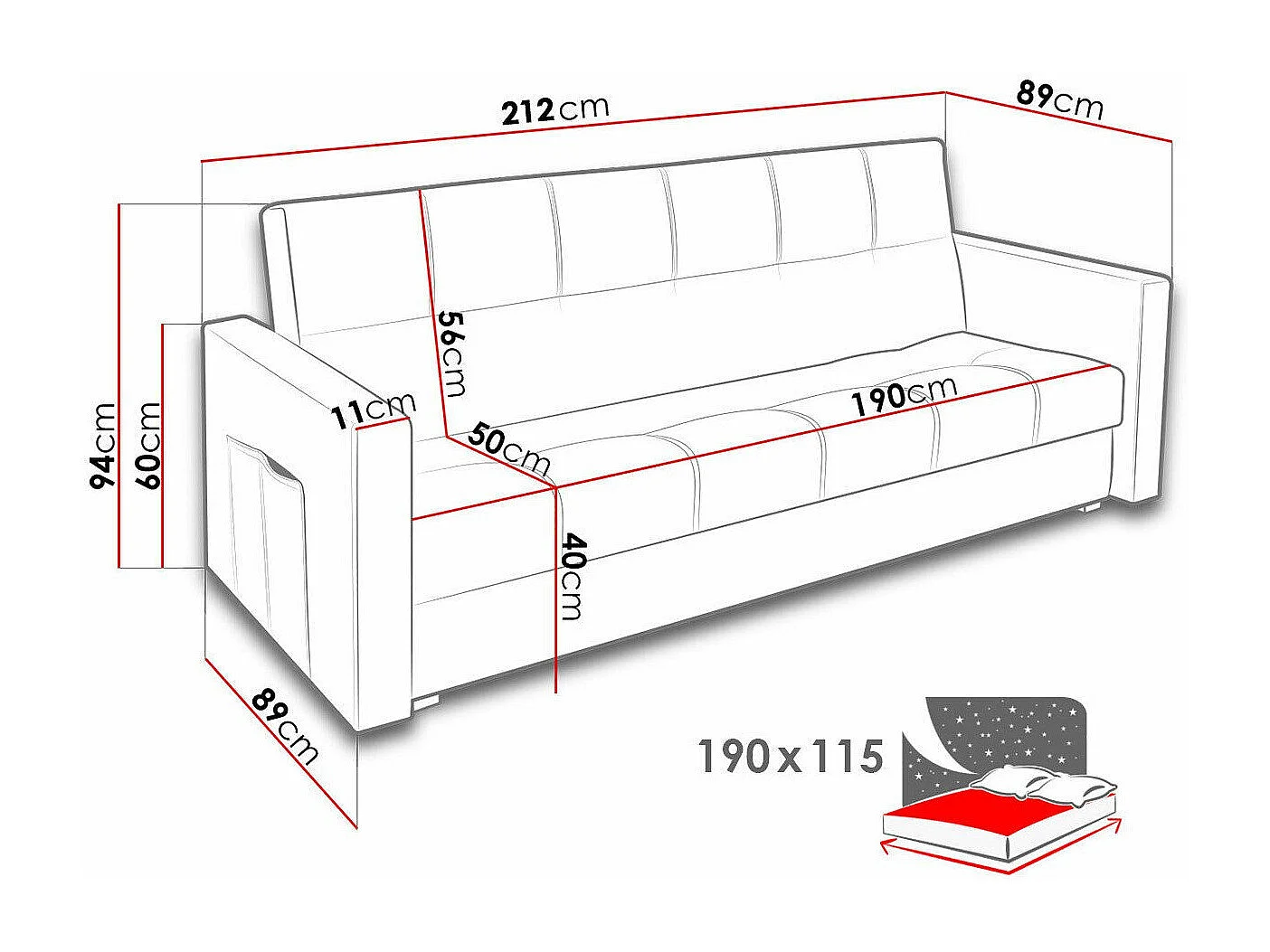 Sofá-cama Edinburg 104, Almacenaje, 94x212x89cm