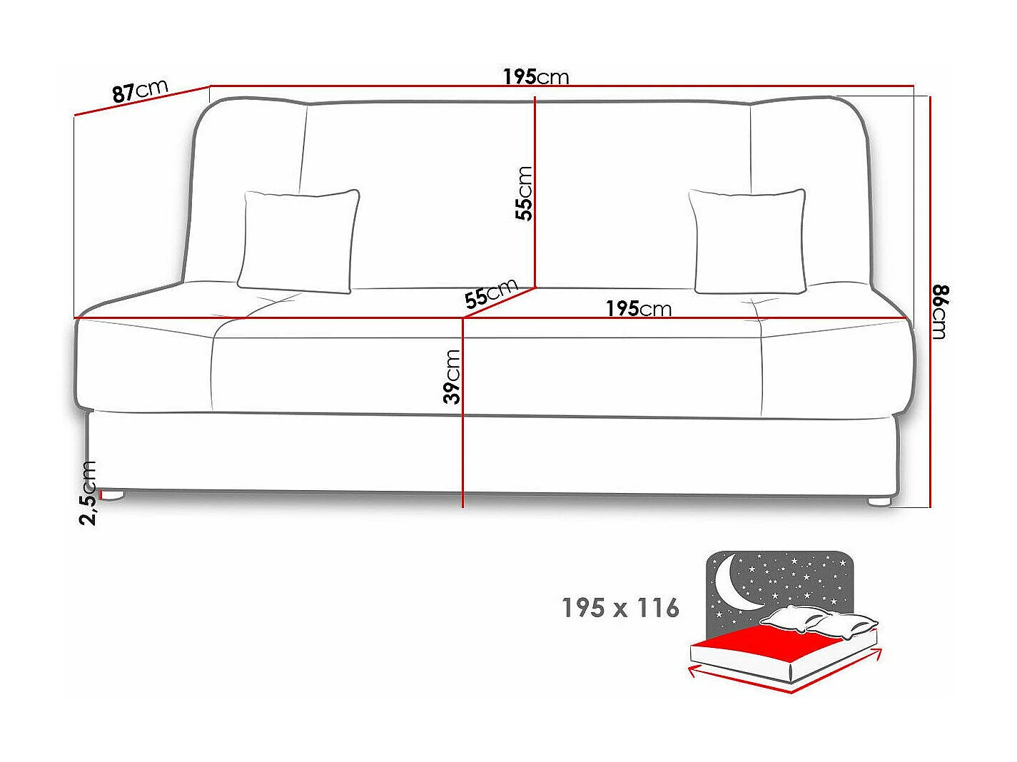 Sofá-cama Comfivo 136, Almacenaje, 86x195x87cm