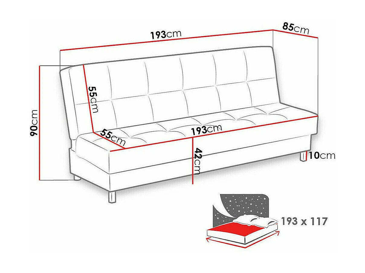 Sofá cama Columbus 107, Cama com arrumação, 9x19x9cm