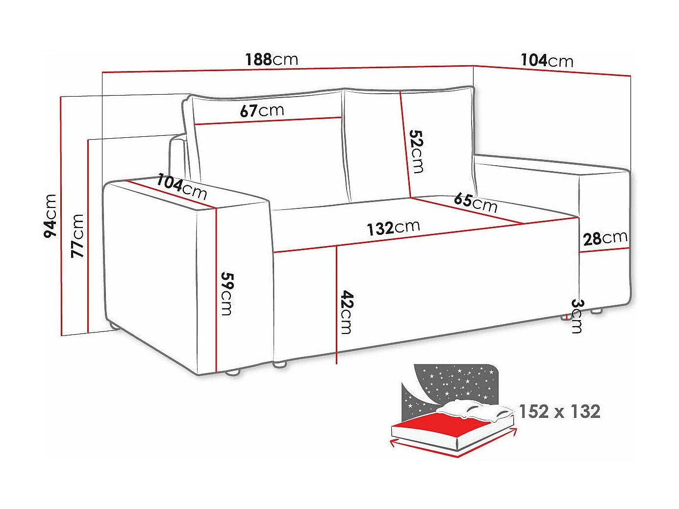 Canapé convertible Clovis 107, Boîte de literie, 94x188x104cm