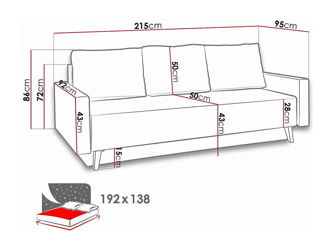 Canapé convertible Delbene 128, Disponible, 86x215x95cm