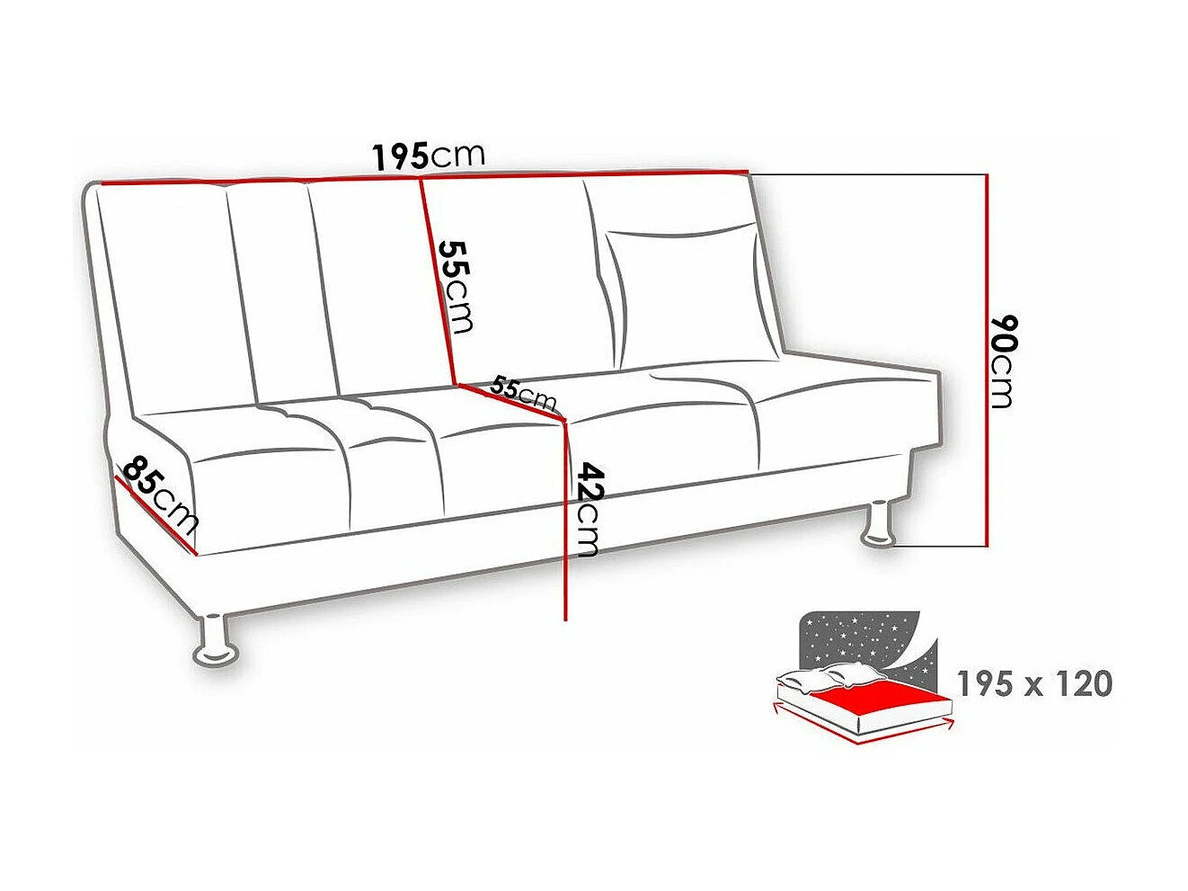 Sofá-cama Columbus 141, Almacenaje, 90x195x85cm