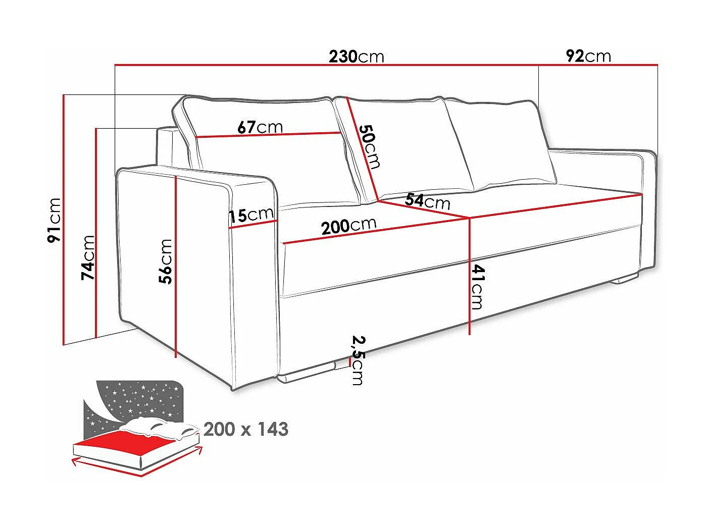 Sofá-cama Decatur 101, Almacenaje, 91x230x92cm