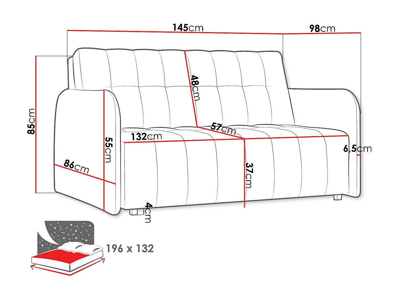 Canapé convertible Columbus 178, Boîte de literie, 85x145x98cm, Mobilier déjà assemblé