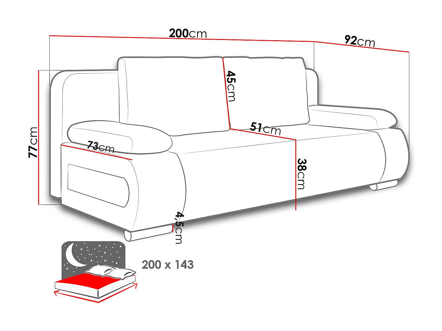 Sofá-cama Comfivo 144, Almacenaje, 77x200x92cm