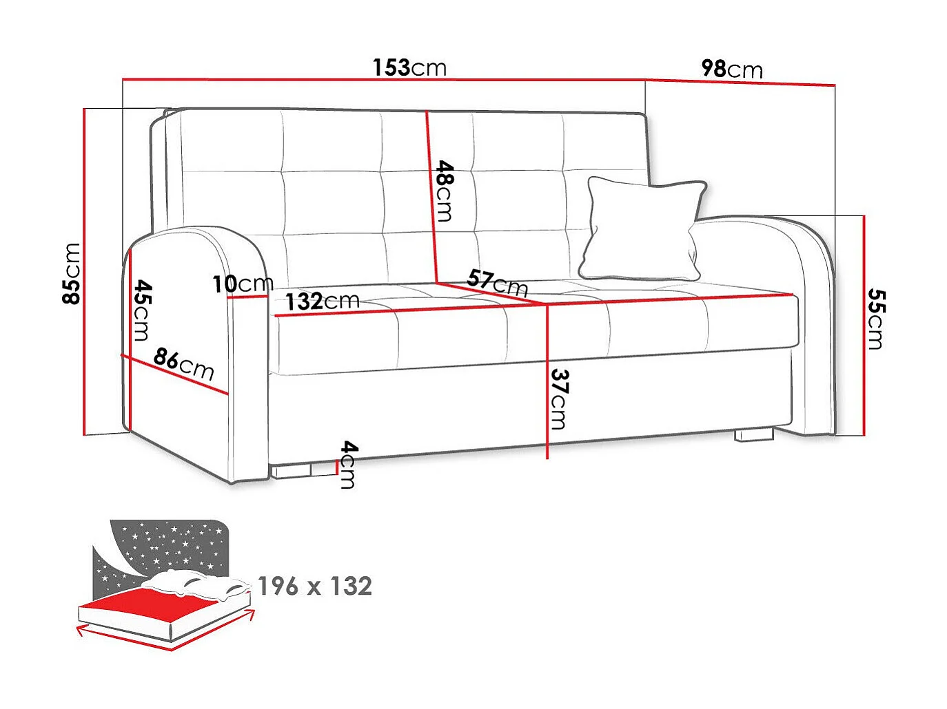 Sofá-cama Columbus 116, Almacenaje, 85x153x98cm, Muebles ya montados