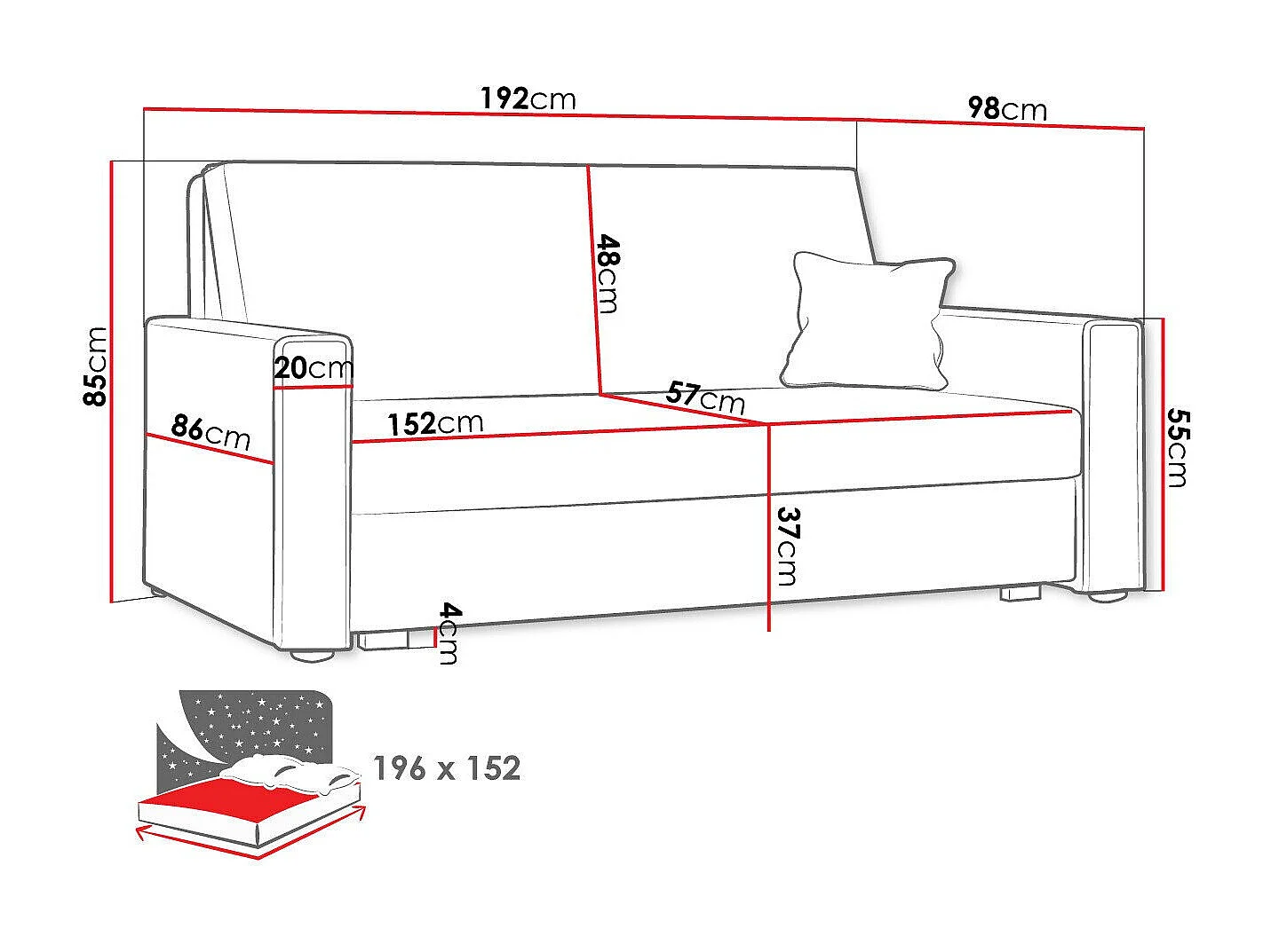 Sofá-cama Columbus 185, Almacenaje, 85x192x98cm, Muebles ya montados