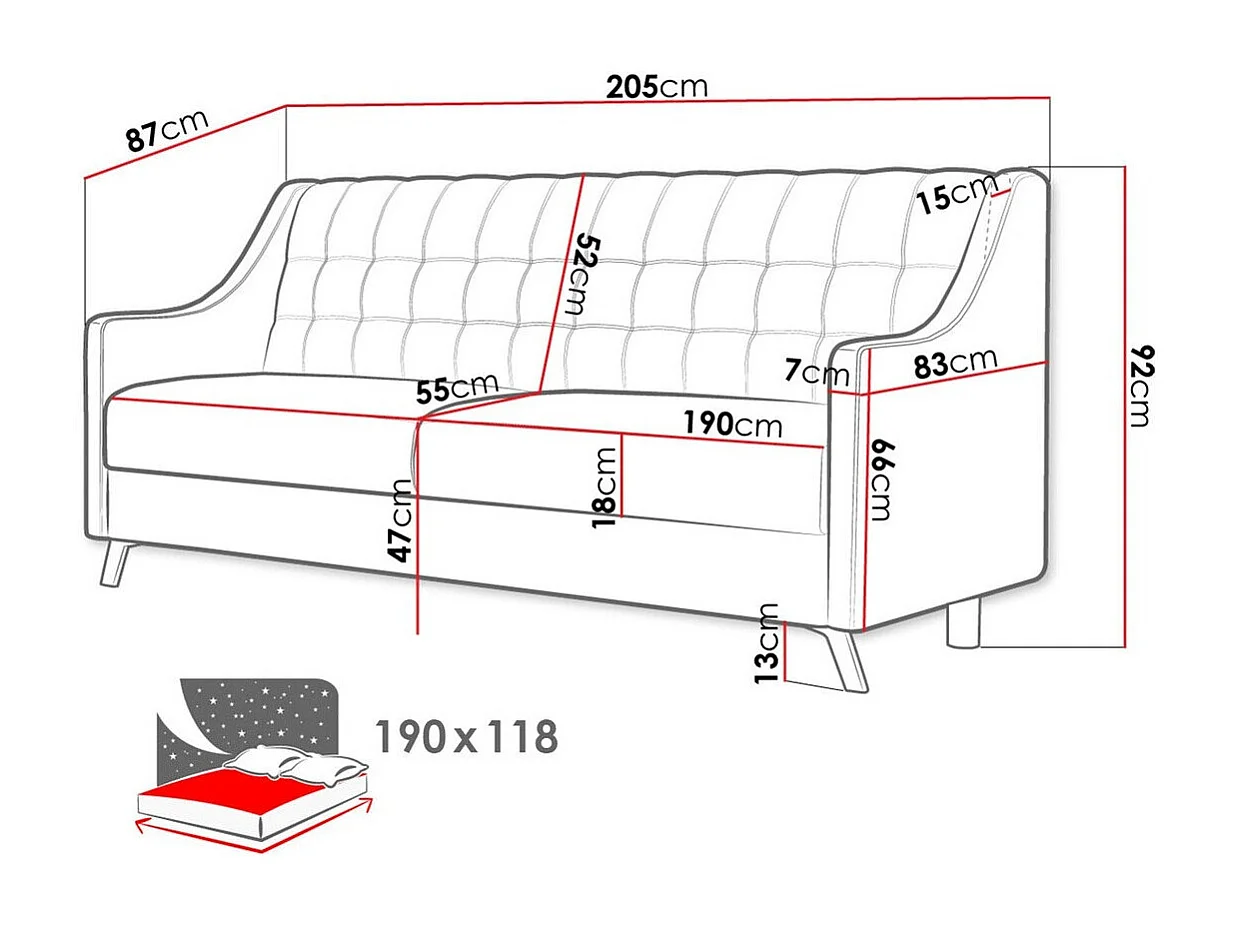 Canapé-lit Columbus 155, Boîte de literie, 92x205x87cm