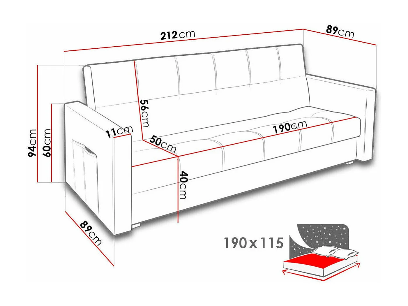 Canapé convertible Edinburg 104, Boîte de literie, 94x212x89cm