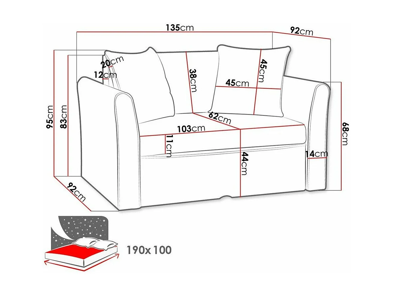 Canapé convertible Carlsbad 101, Boîte de literie, 95x135x92cm