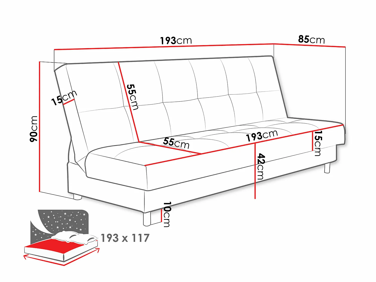 Canapé convertible 3 places en tissu gris COLUMBUS 90x193x85 cm