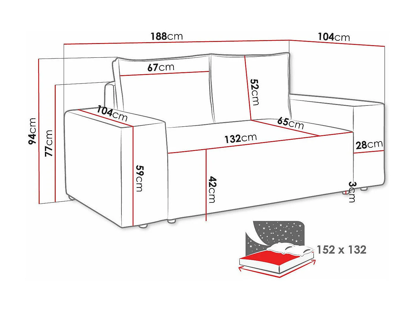 Canapé convertible Clovis 107, Disponible, 94x188x104cm