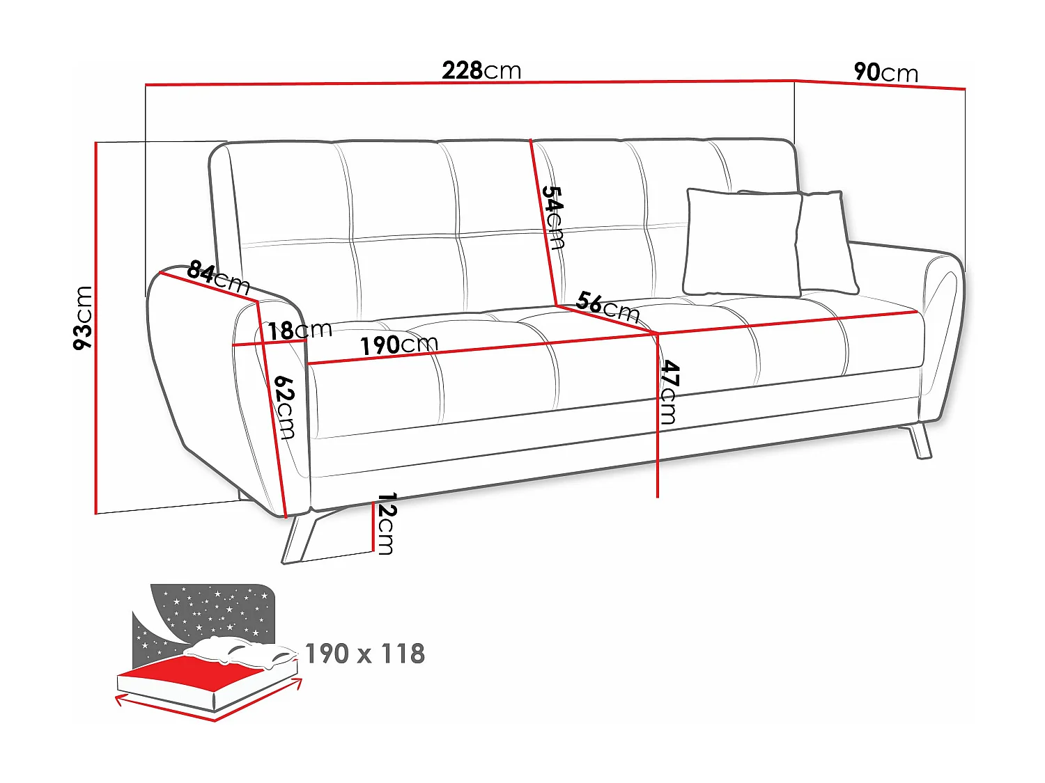 Canapé convertible Columbus 156, Disponible, 93x228x90cm