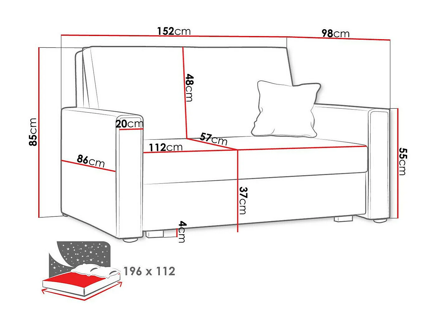 Canapé convertible Columbus 181, Disponible, 85x152x98cm, Mobilier déjà assemblé