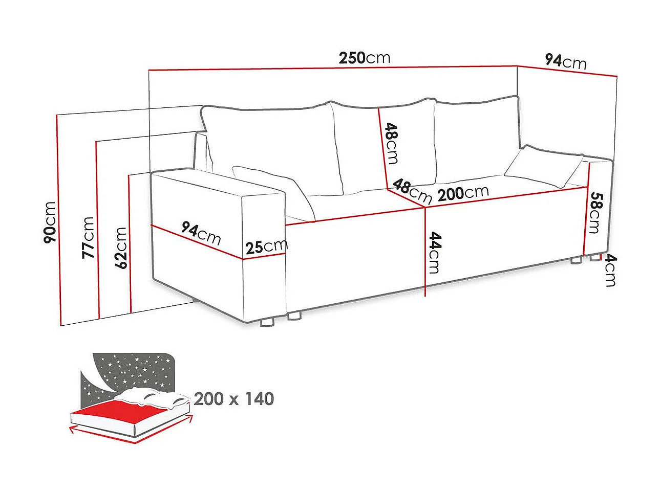 Sofá-cama Clovis 104, Almacenaje, 90x250x94cm