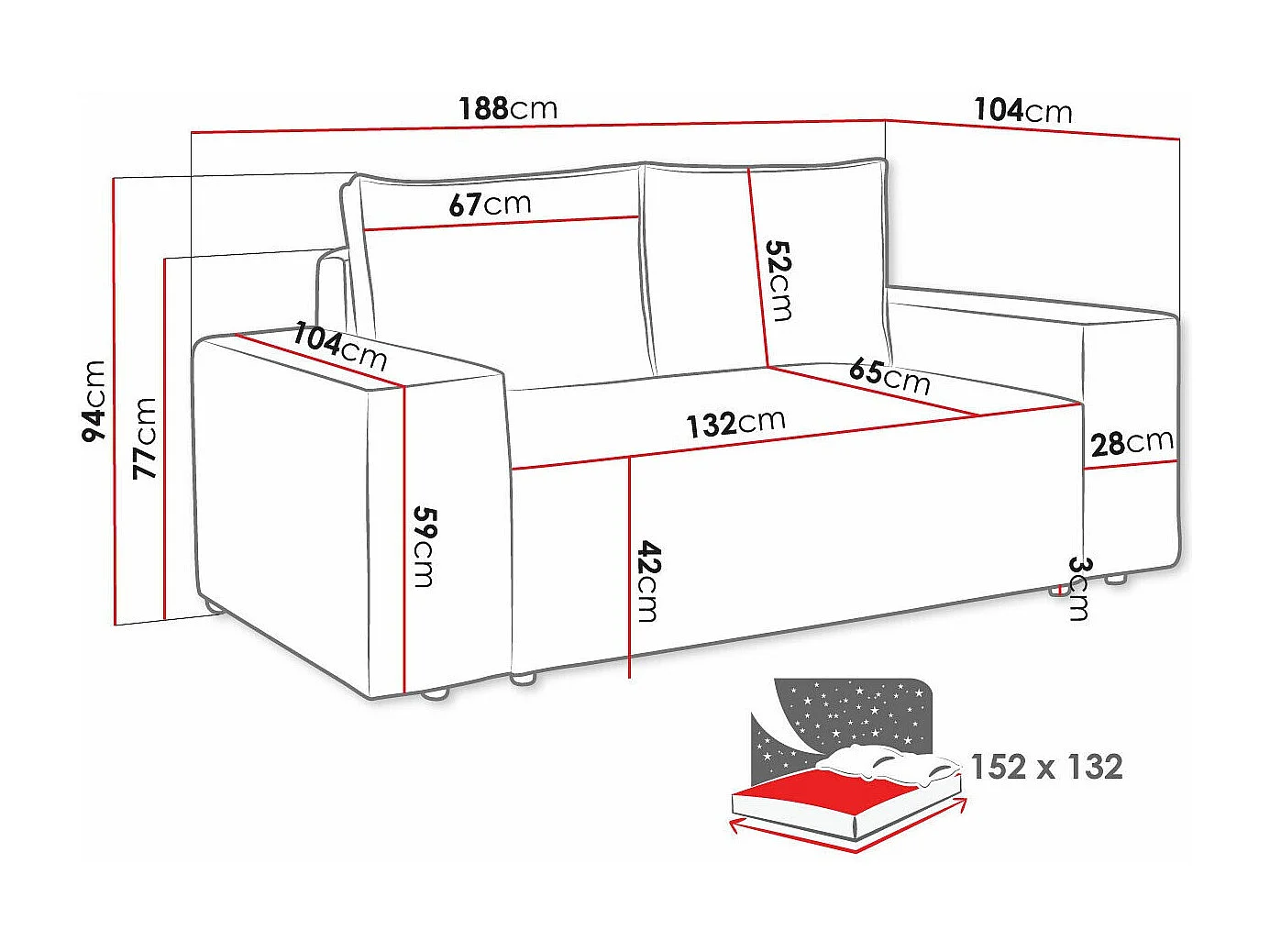 Divano letto Clovis 107, Con, 94x188x104cm