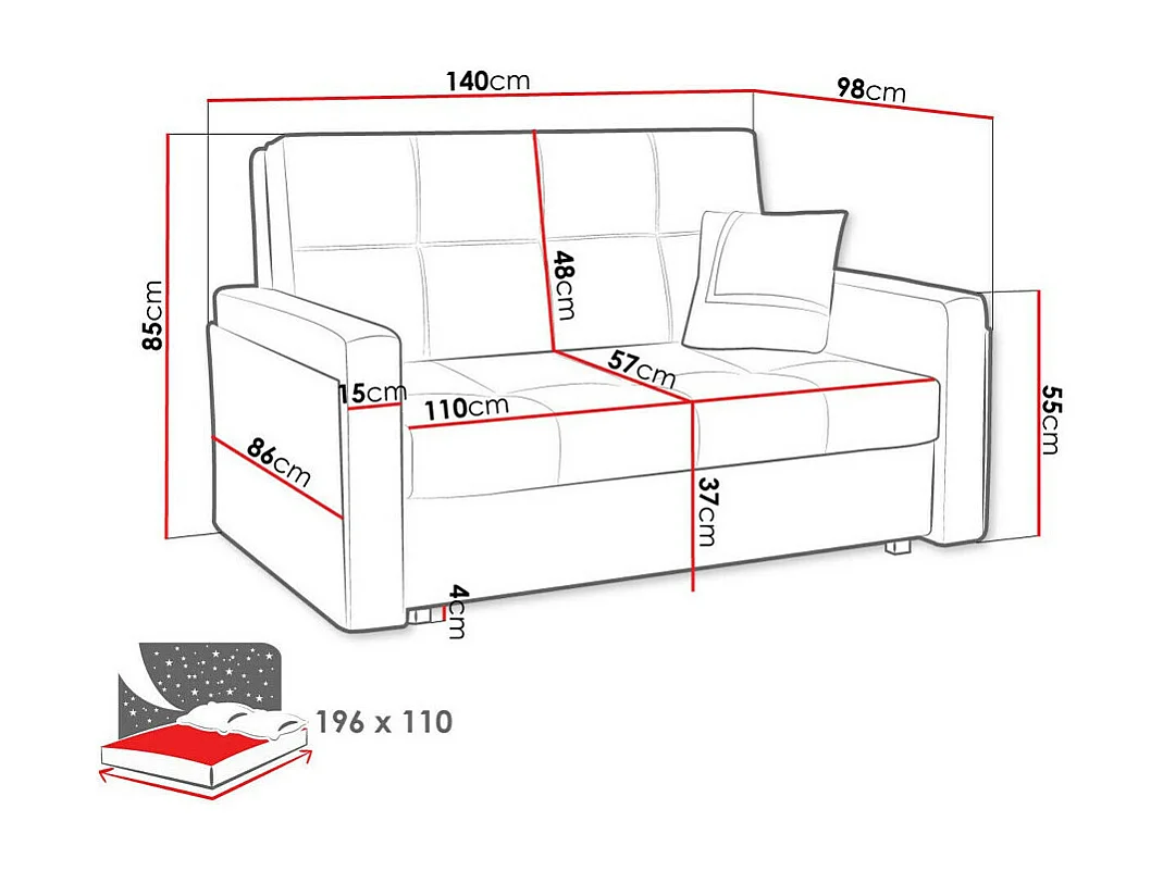 Sofá-cama Columbus 174, Caixa para roupa de cama, 85x140x98cm