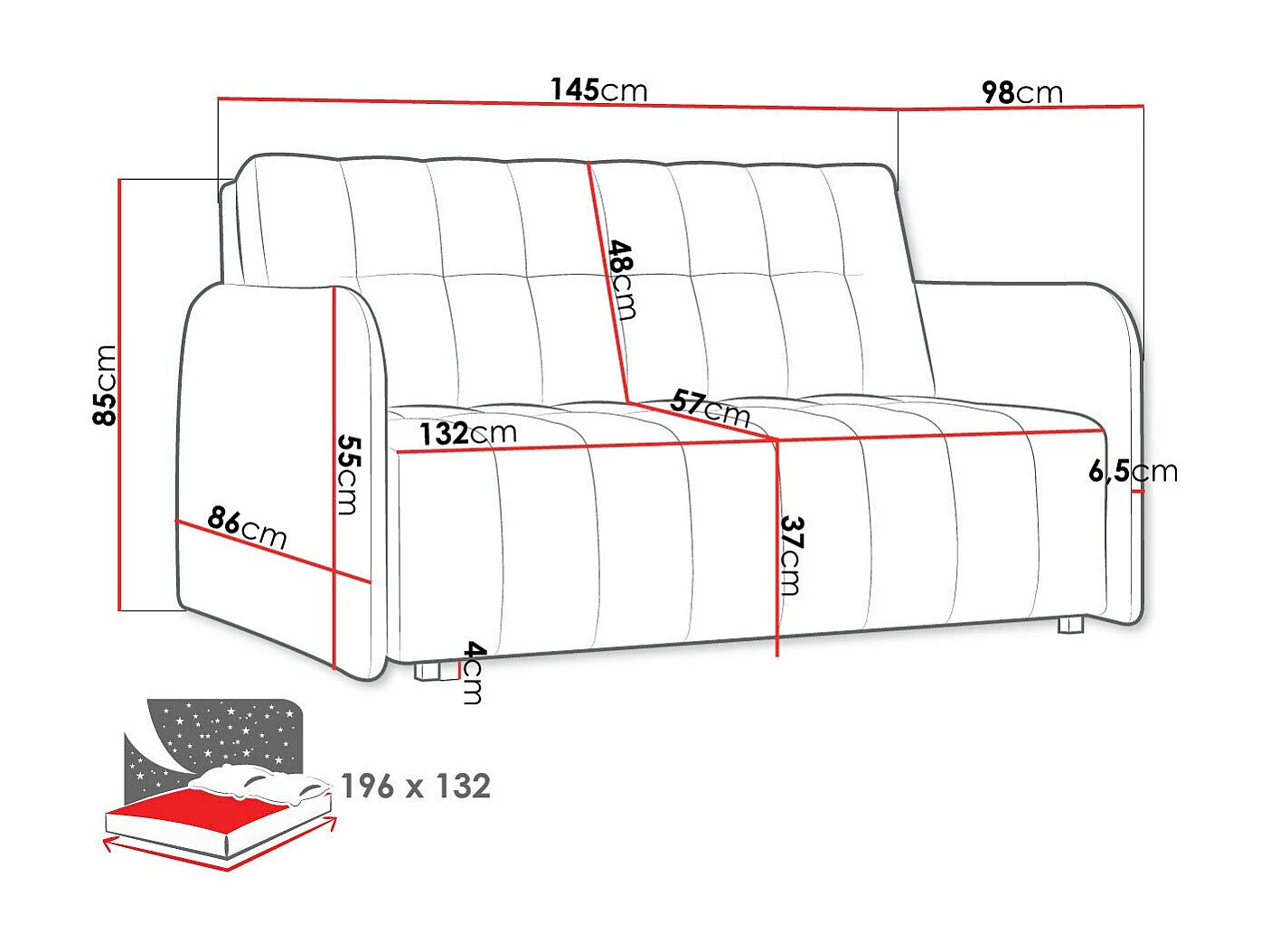 Sofá cama Columbus 178, Cama com arrumação, 9x15x10cm