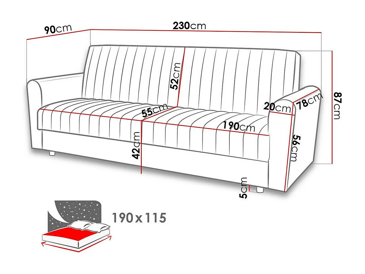 Canapé convertible Columbus 142, Boîte de literie, 87x230x90cm