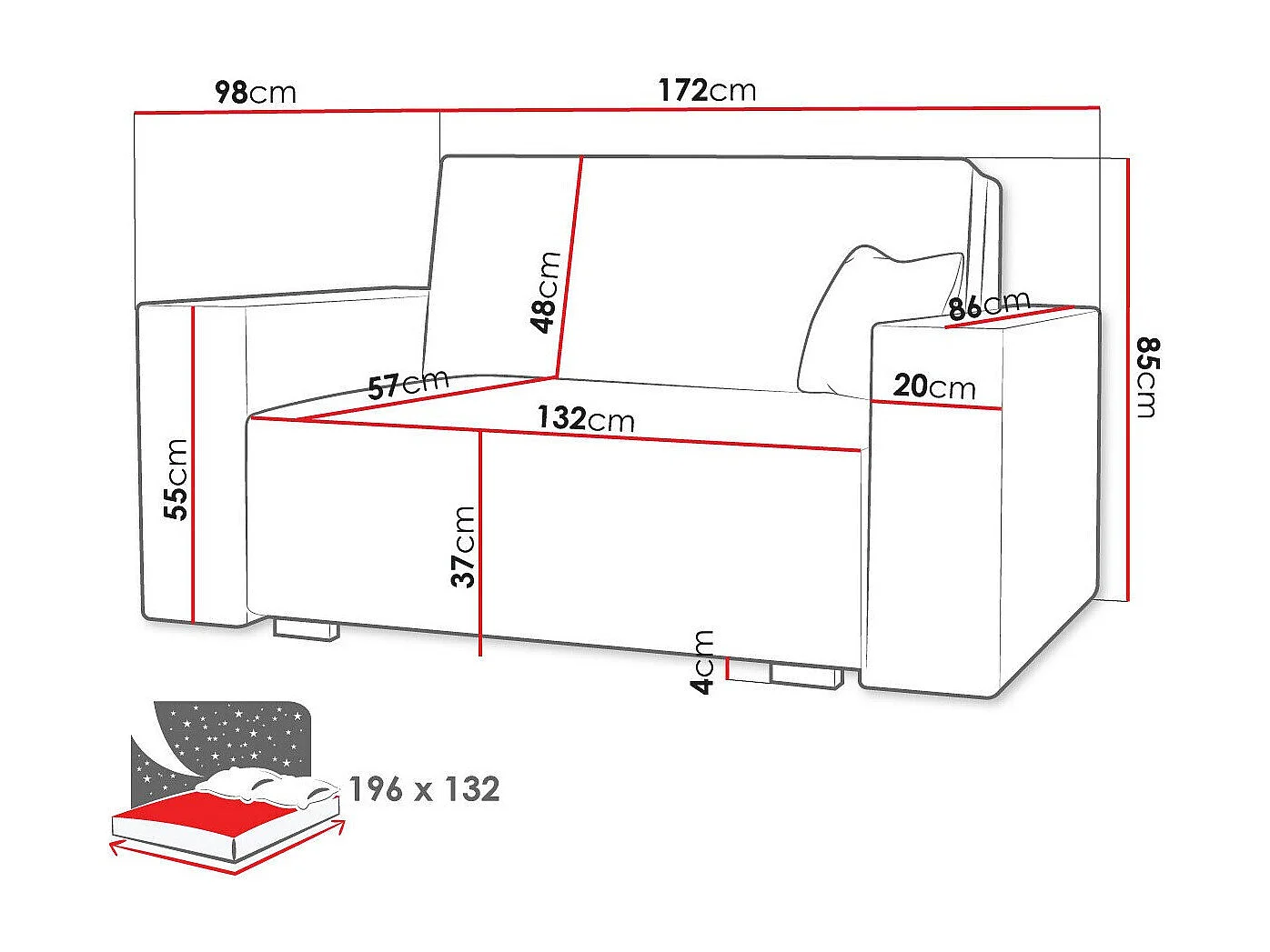 Sofá cama Columbus 193, Cama com arrumação, 9x17x10cm