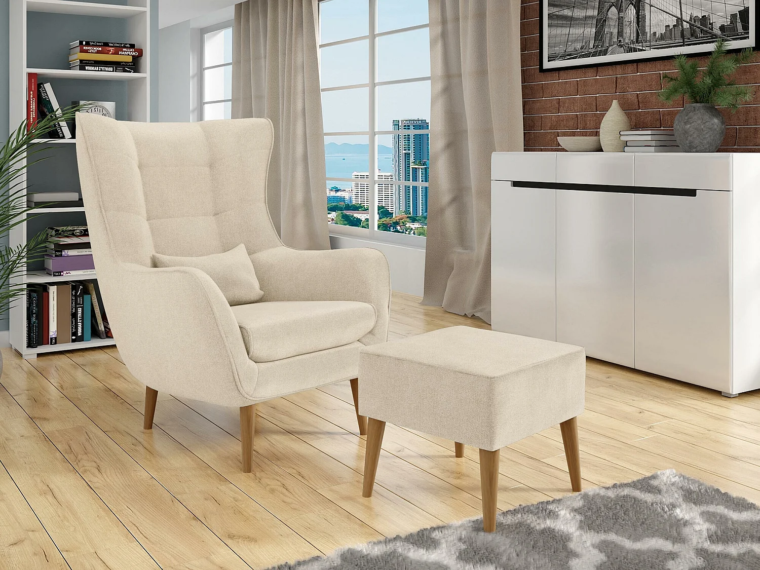 Fauteuil Comfivo 204, Brun clair, 106x80x95cm, Tissu, Pieds: Bois